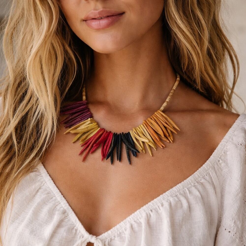 Vintage 80s Multicolor Wood Fringe Tribal Statement Necklace Bohemian